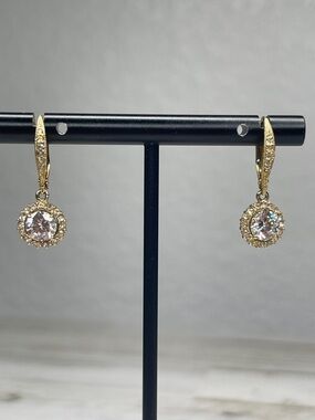 Nadri Framed Round CZ Halo Drop Earrings Gold Leverback